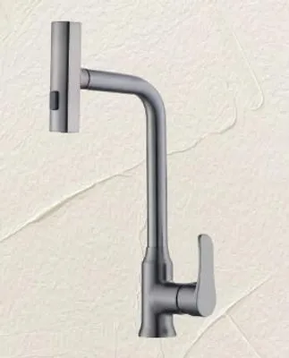A modern kitchen faucet with a pull-down sprayer is shown against a textured light background.