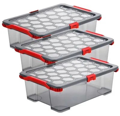 Produktbild von Rotho 3er Set Aufbewahrungsbox 11L Evo Total - Kunststoffbox je 39,3 x 28,3 x 16 cm - Stapelbox mit Deckel - Boxen sicher verschliessbar