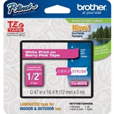 Produktbild von Brother TZe-MQP35 - Standard-Klebstoff - Weiß auf Berry Pink - Rolle (1,2 cm x 5 m) 1 Kassette(n) laminiertes Band - für Brother PT-D210, D600, H110, P-Touch PT-1880, D200, D450, E110, E550, E800, H110, P900
