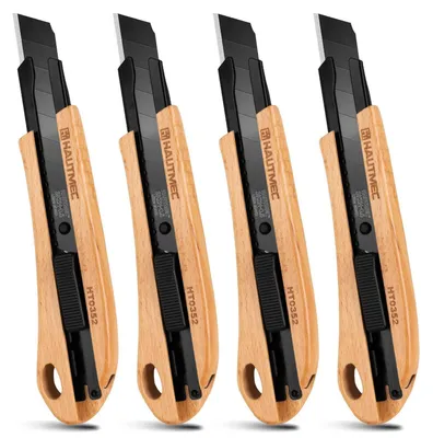 Immagine prodotto di Set di 4 coltelli per tappeti, lama da 18 mm, con lama retrattile e manico in legno, lama SK2H sostituibile