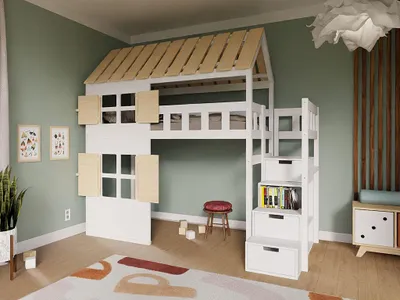 Produktbild von Erhöhtes Bett HÜTTCHEN mit Treppen und Stauraum 90x200 cm – Transparente Lasur mit weißen Elementen – Links