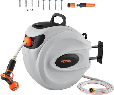 Obrázok produktu pre Hadicový bubon VEVOR, 12 mm x 40 m, s 9 tryskami, boxom na hadicu, automatickým systémom pomalého návratu a 180° otočným stojanom