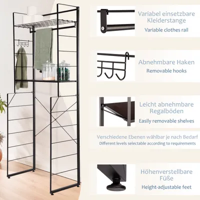 Produktbild von ONVAYA® Waschmaschinenregal ǀ schwarz ǀ mit Kleiderstange und 4 Haken ǀ ideal über Waschmaschine, Trockner oder WC ǀ Toilettenregal aus Metall