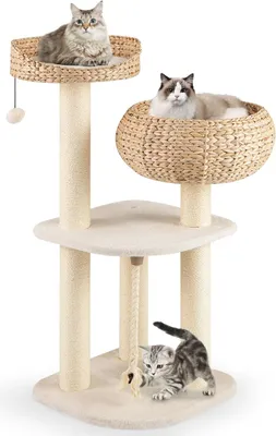 Produktbild von GOPLUS Kratzbaum, Katzenbaum mit Sisal-Säulen, hängendem Ball & einer Schlinge, geräumige Aussichtsplattform, Katzennest aus Stroh für mehrere Katzen