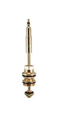 A close-up studio shot of a brass valve stem assembly against a white background.