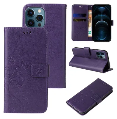 Produktbild von Handyhülle für Apple iPhone 12 Pro Max Floral Blumen Schmetterling Flip Cover Hülle Case Klapphülle Handytasche Farbe: Violett