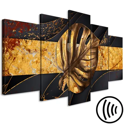 Image de Tableau acoustique feuilles dorées 200 x 100 cm Tableaux Mousse acoustique Absorbeur acoustique haute performance Isolation acoustique Toile 5 pièces Tableau mural Acoustique intérieure Isolation acoustique Plantes Monstera Nature b-C-0891-b-m