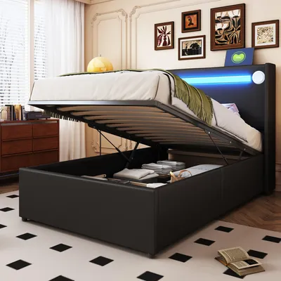 Produktbild von Merax Polsterbett 90x200 cm mit LED Lichtleiste, Jugendbett mit Bluetooth Lautsprecher, USB Ladeanschlüssen, hydraulischem Stauraum, Kunstleder, Schwarz