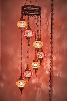 Image de Lampe suspendue turque à 7 globes en verre mosaïque rouge-orange – Lustres orientaux pour un éclairage d'ambiance