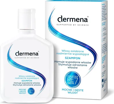 A bottle of Dermena shampoo and its packaging are shown against a white background.