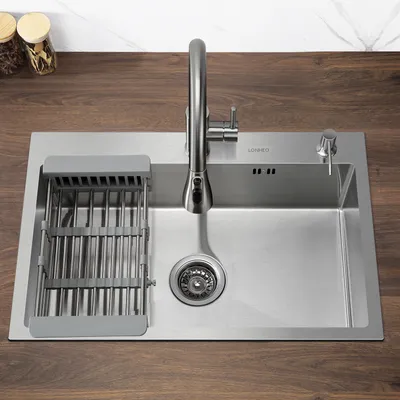 Produktbild von Lonheo Edelstahl Küchenspüle 68 x 45 cm Einbauspüle, große Küchenspülbecken für ab 80cm Unterschrank, Edelstahlspüle, inkl. Seifenspender, Abtropfkorb