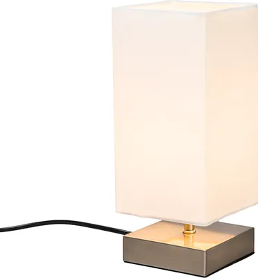 Produktbild von QAZQA - Moderne Tischlampe weiß mit Stahl I Silber I nickel matt - Milo I Wohnzimmer I Schlafzimmer I Nachttischleuchte - Stahl Quadratisch I Rechteckig - LED geeignet E14