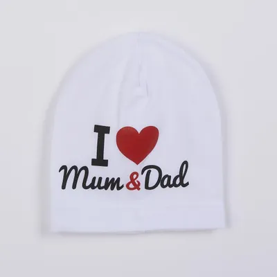 Zdjęcie produktu dla Czapka niemowlęca New Baby I Love Mum and Dad biała, rozmiar 3- 9 m