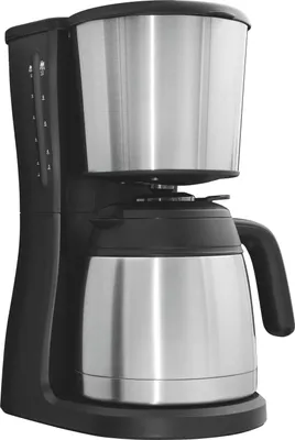 A studio shot of a black and silver coffee maker with a thermal carafe, isolated on a white background.