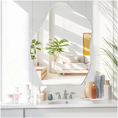 Image de Miroir mural asymétrique, 45 x 60 cm, sans cadre, verre HD, idéal pour la décoration de salle de bain, de couloir, de salon ou de chambre