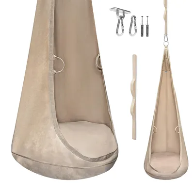 Immagine prodotto di MAMOI® Sedia sospesa per bambini in velluto – bozzolo sospeso & tana Cocoon per bambini, sacco sospeso con cuscino e gancio, altalena per bambini