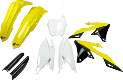 Imagen del producto de Kit de carenado UFO PLAST de 9 piezas, fabricado en plástico, con protector de horquilla, para Suzuki RM-Z 250 / 450 ccm, modelos del año 2018 al 2025, color: amarillo / blanco /
