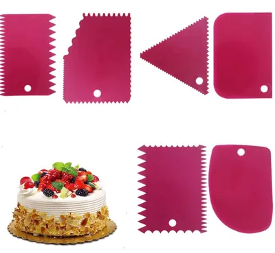 Produktbild von Teigschaber Set 6-teilig - Kuchenschaber - Fondant Glätter - Teigausstecher - Glättwerkzeug für Kuchen, Torten und Glasuren - Kunststoff - Rosarot