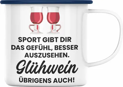 Produktbild von Trendation - Glühwein Emaille Tasse Lustig Spruch Glühweinbecher mit Henkel Doppelwandig GlühweinEmaille Tassen Gläser Weihnachtsmarkt Becher Emaille Tassen Geschenk (Blau)