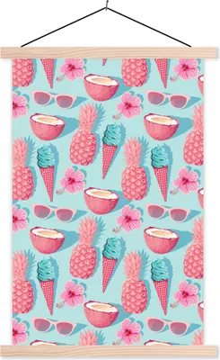 Produktbild von MuchoWow® Textilposter Sommer - Rosa - Blau 60x90 cm mit holzfarbenen Rahmen - Textil