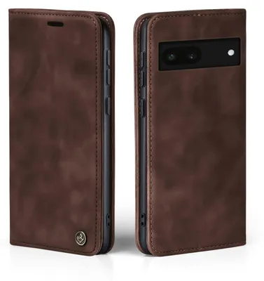 Two views of a brown leather flip case for a Google Pixel 6a phone, shown from the side and the back.