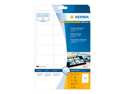 Image de Étiquettes HERMA 4904, format A4, blanches, brillantes, dimensions 63,5 x 38,1 mm, boîte de 525 pièces