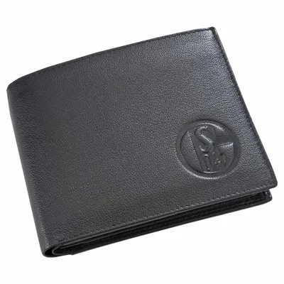 A black leather wallet with an embossed logo.