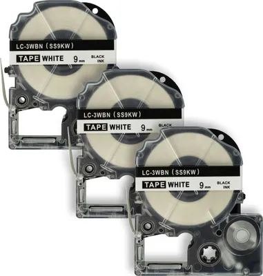 Produktbild von vhbw 3x Schriftband-Kassette kompatibel mit Epson LabelWorks LW-1000P, LW-600P, LW-500, LW-400, LW-300 Etiketten-Drucker 8m x 9mm Schwarz auf Weiß