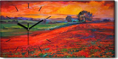 Produktbild von Wanduhr Bürouhr Leinwand Bild 60x30 Gemälde Wiese Blumen Baum Himmel Kunst - schwarze Hände