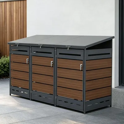 Image de Abri pour conteneurs de déchets, modèle D17GW3Z, conçu pour 3 conteneurs, avec deux serrures pour une protection contre le vent et le vol, couleur anthracite