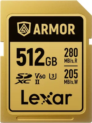 Zdjęcie produktu dla Karta pamięci LEXAR SDXC Pro Gold Series ARMOR UHS-II 512 GB V60 IP68 ze stali nierdzewnej R280/W210