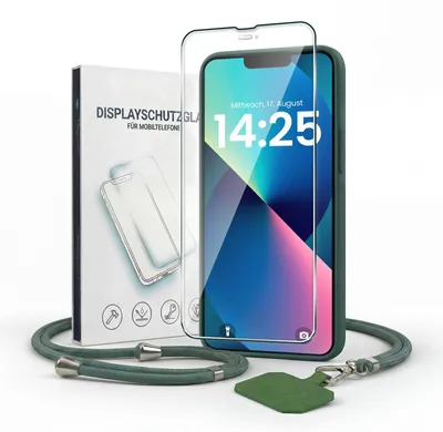 Produktbild von Handyhülle für Apple iPhone 13 mit Handykette und 9H Displayglas Displayschutz Band Kordel Hülle Case Schutzhülle Grün
