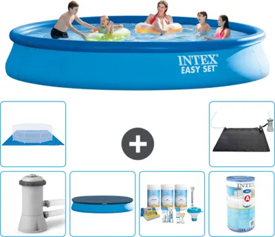 Produktbild von Intex runder aufblasbarer Easy Set-Schwimmpool – 457 x 84 cm – Blau – inklusive Pumpe Abdeckung - Wartungspaket - Filter - Bodenplane - Solarmatte