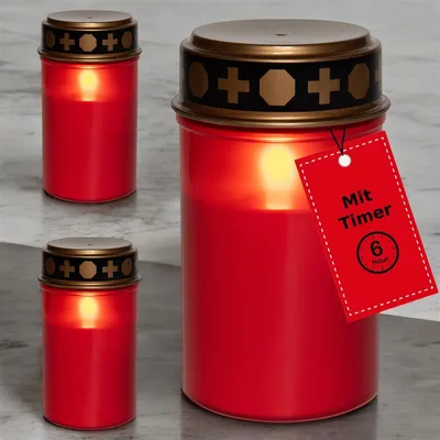 Produktbild von Novaliv LED Grablichter ohne Batterie und Timer 6/18 rot 3x Kerzen Friedhof Grablicht LED ohne Batterie Friedhofskerze LED Kerze Outdoor Gedenkkerze Grablaterne Ewiges Licht Trauerkerze