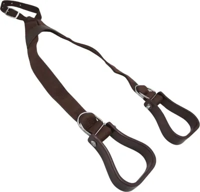 A pair of brown western stirrups on a white background.