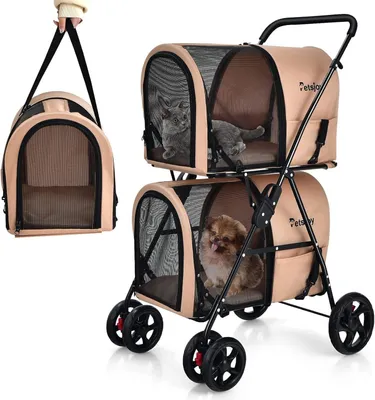 Immagine prodotto di Trasportino per cani a due piani con finestre in rete e portabicchieri, passeggino per animali domestici fino a 16 kg, passeggino per gatti o per due piccoli cani, passeggino per cani e rimorchio