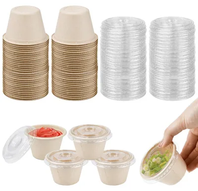 50 Papier-Saucenbecher mit Deckel, 100 ml, auslaufsicher, wiederverwendbar