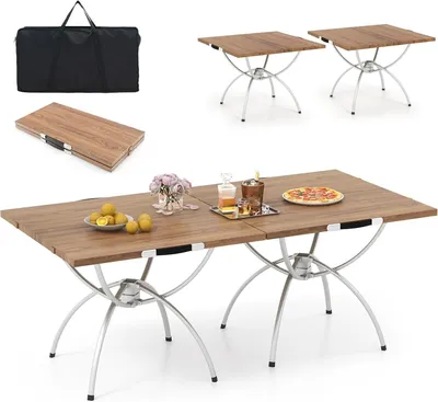 Zdjęcie produktu dla KOMFOTTEU 2 w 1 rozkładany stół kempingowy, składany stół piknikowy wykonany z aluminiowej ramy i drewna, stół ogrodowy 120 x 60 cm z torbą transportową