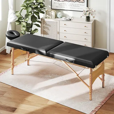 Produktbild von Massagetisch klappbar höhenverstellbar, Massageliege, Massagebank, Kunstleder Holzgestell, Schwarz | 215 x 70 cm | Höhe 61–86 cm | 4 cm Polsterung