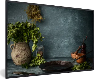 Produktbild von MuchoWow® Gerahmtes Poster Kräuter - Gewürze - Pfanne - Messer - Grau - Rustikal 30x20 cm - Poster mit Schwarzem Bilderrahmen Wandposter Rahmen Foto Bilder - Kunstdruck - Bild-Poster