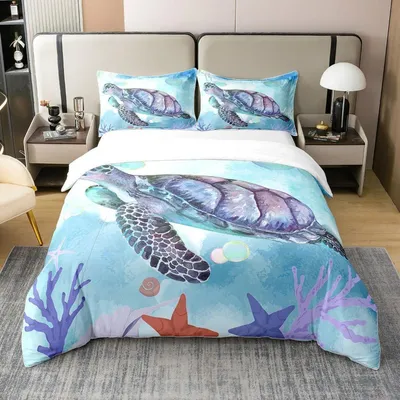 Productafbeelding van Beddengoedset 155x220 cm, zeeschildpadmotief, 100% katoen, inclusief 1 kussensloop van 80x80 cm