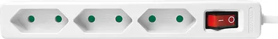 A close-up shot of a white power strip with three outlets and a red on/off switch.