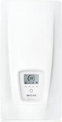 A white electric water heater with a digital display and control panel.