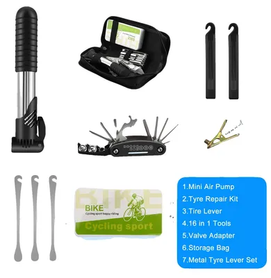 Produktbild von Fahrradreparaturset, 17-in-1 Multifunktionswerkzeug, Mini-Luftpumpe, schwarz, schwarz