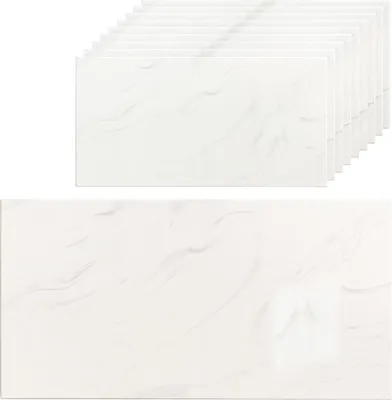 A stack of white marble-look wall panels is shown above a single panel.