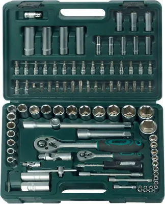 A tool kit laid out in its case.
