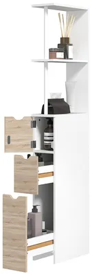 Produktbild von Platzsparender Badezimmerschrank mit Schrank, Regalen und Schubladen, 15 x 33 x 136,8 cm, Holzfarbe