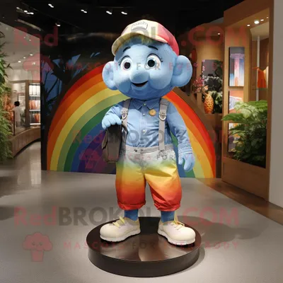 Immagine prodotto di personaggio del costume della mascotte REDBROKOLY arcobaleno vestito con pantaloncini di jeans e orologi