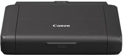 A black Canon PIXMA TR150 printer is shown from the front on a white background.