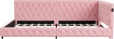 Produktbild von L-förmiges Schlafsofa - Ecksofa - 140 x 200 cm - Teddy-Samt - LED-Ambientebeleuchtung - USB-Ladeanschluss - Metallrahmen - Beige